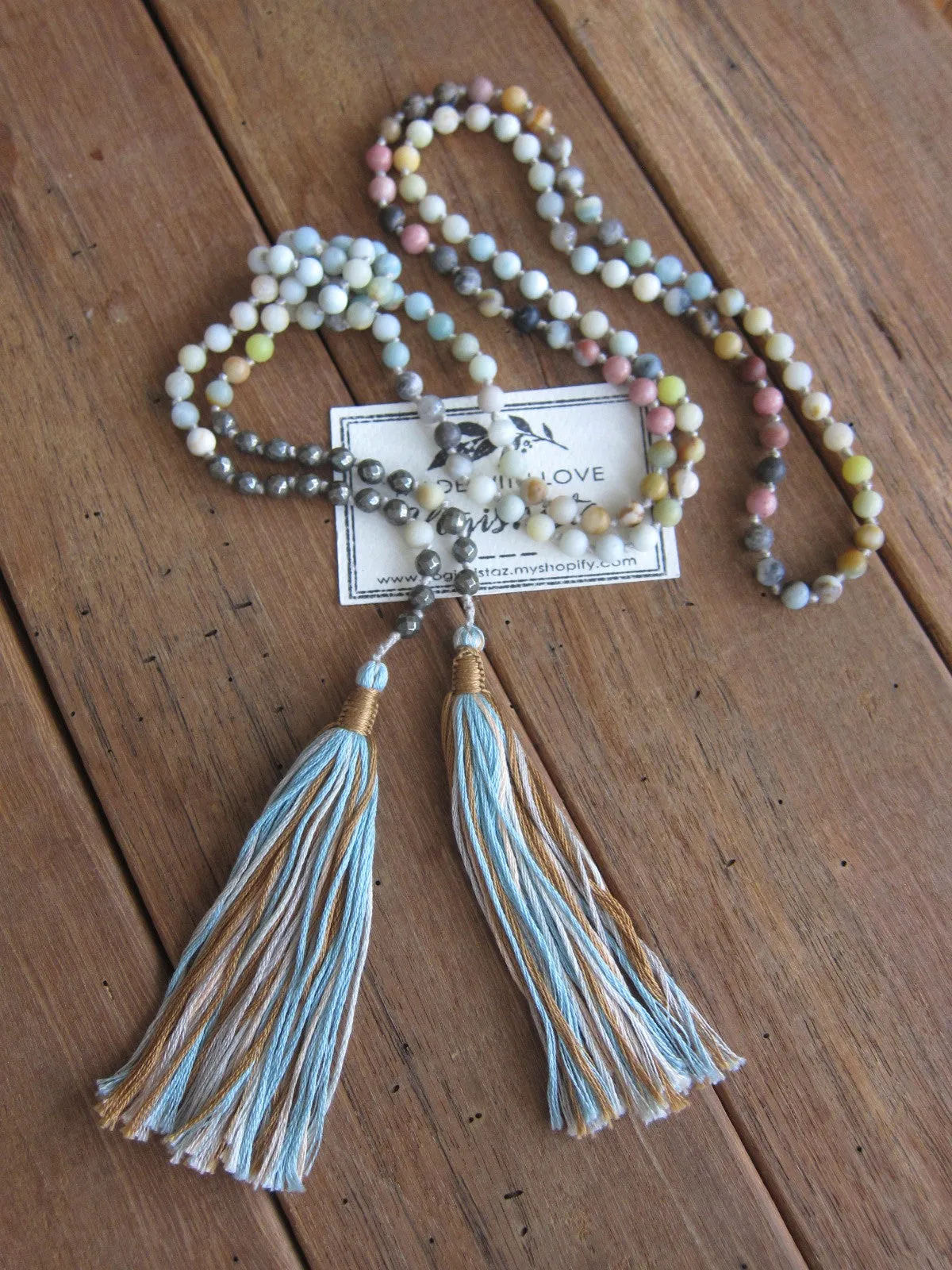 Long Lariat Amazonite, Pyrite, Jasper Mix Tassel Necklace - 60 inches long