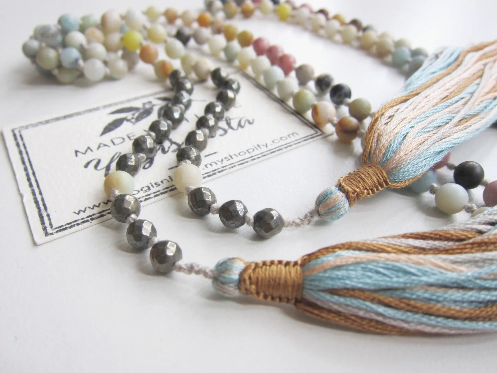 Long Lariat Amazonite, Pyrite, Jasper Mix Tassel Necklace - 60 inches long