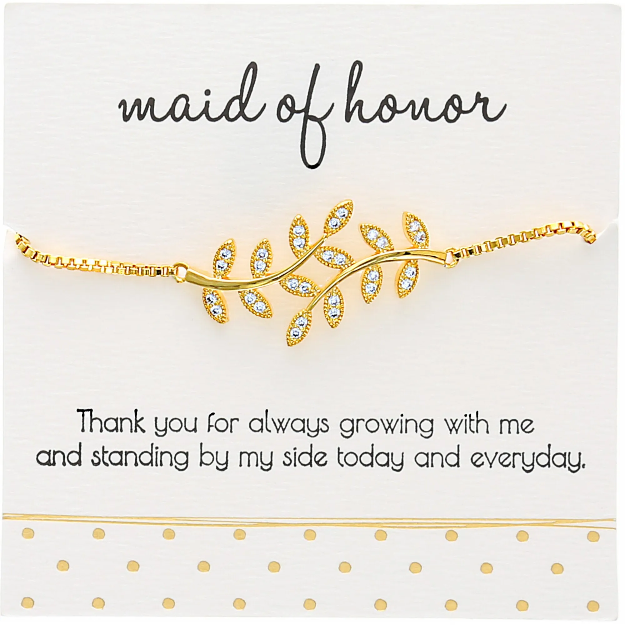 Maid of Honor White Zircon Leaf - Gold Plated Adjustable Bracelet