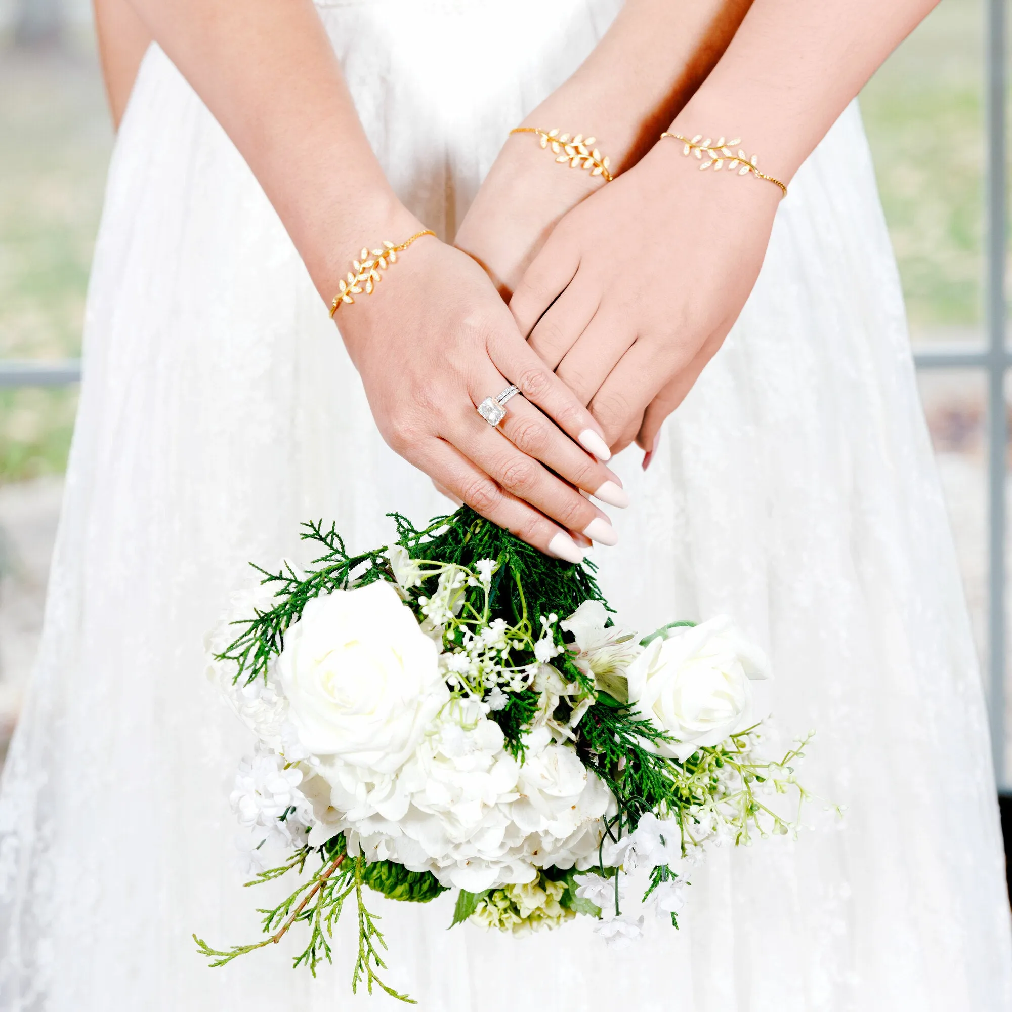 Maid of Honor White Zircon Leaf - Gold Plated Adjustable Bracelet