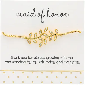 Maid of Honor White Zircon Leaf - Gold Plated Adjustable Bracelet