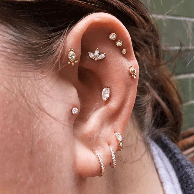 Marquise Diamond Threaded Stud Earring by Maria Tash in 18K Rose Gold. Flat Stud.