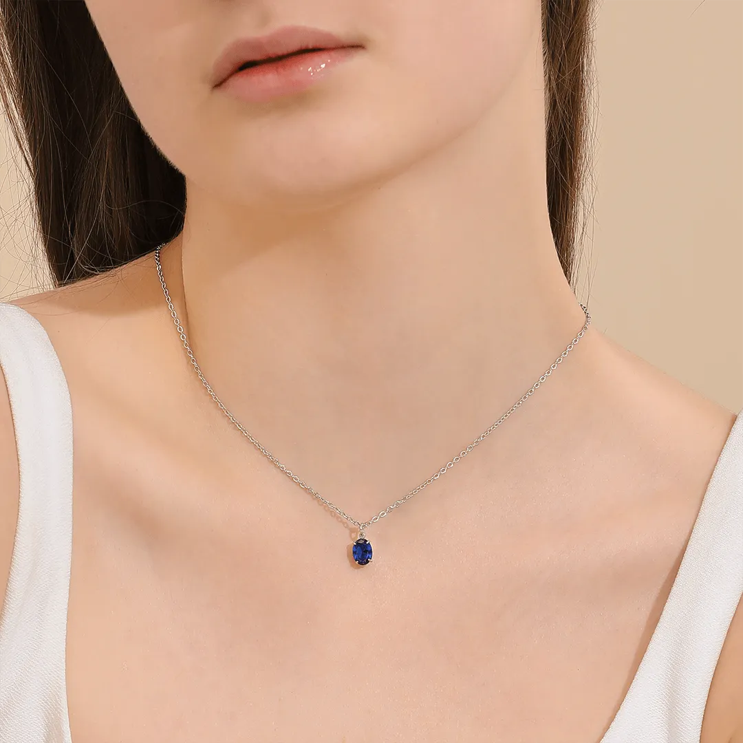 Memories: "SEPTEMBER" | Sapphire Necklace | White Gold-Plated