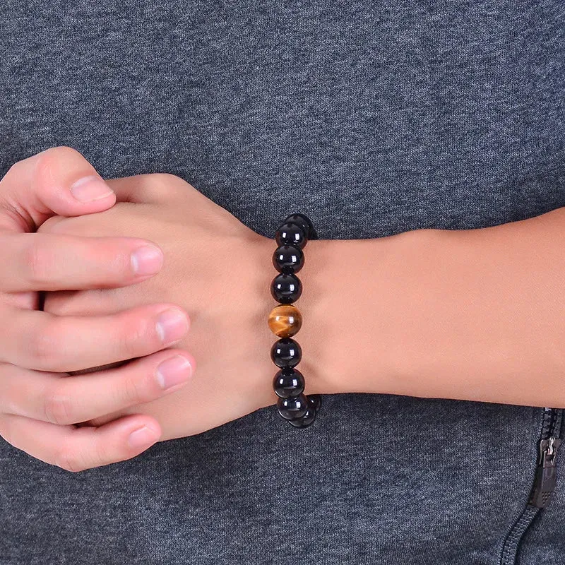 Natural Black Onyx with Tiger eye Stone Beads Men Jewelry Bracelet 12 Constellation Leo Lovers Energy Balance Bracelet