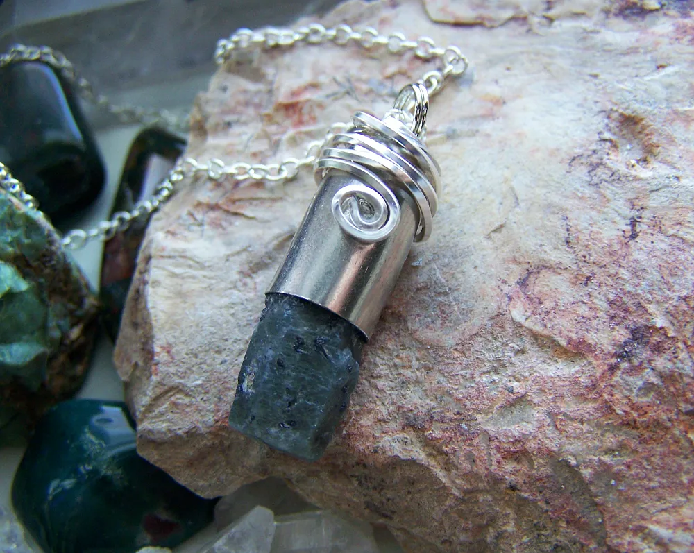 Natural Raw Sapphire Wire Wrapped Silver Bullet Pendant