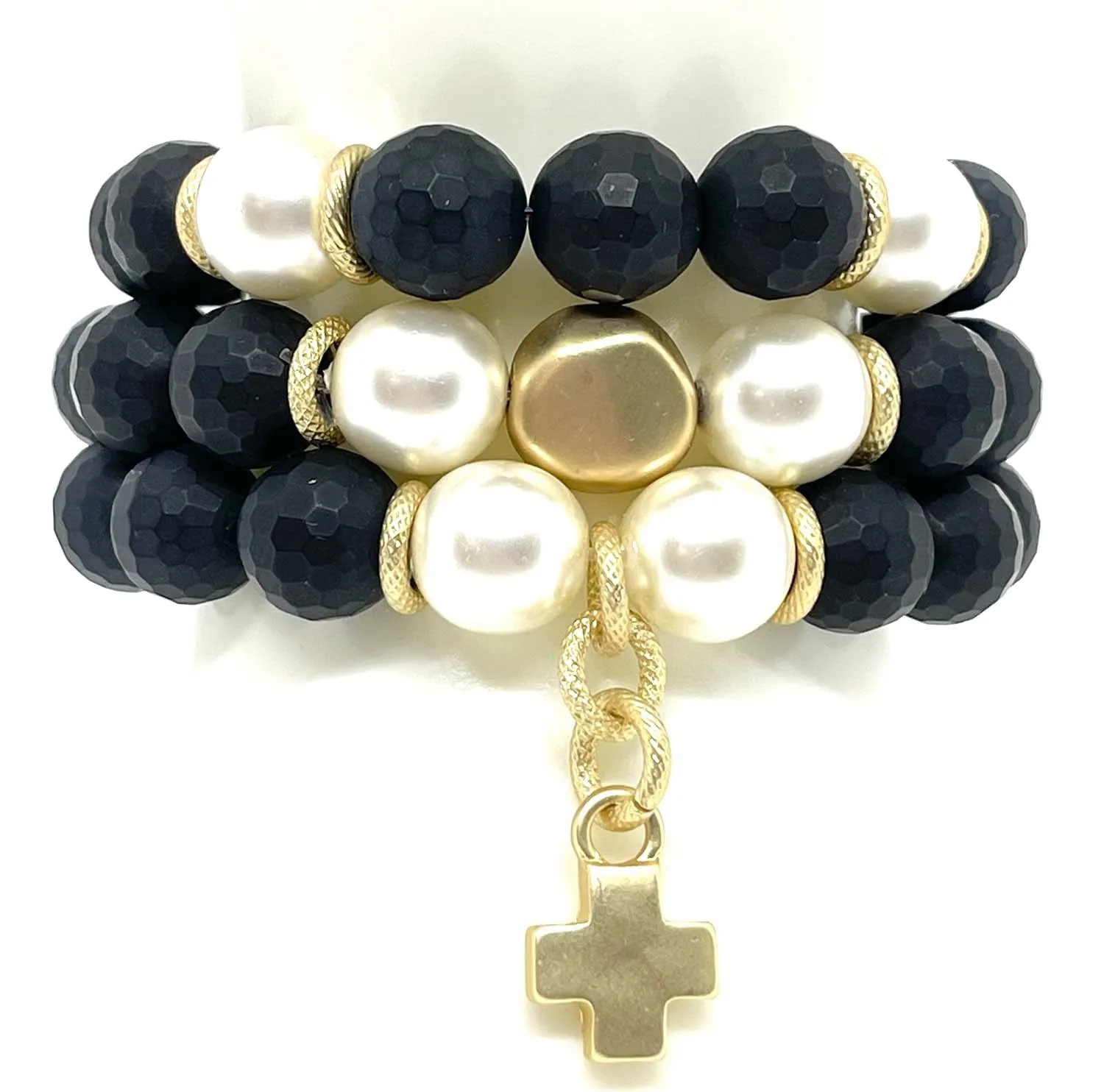 Onyx And Glass Pearl Stretch Bracelet