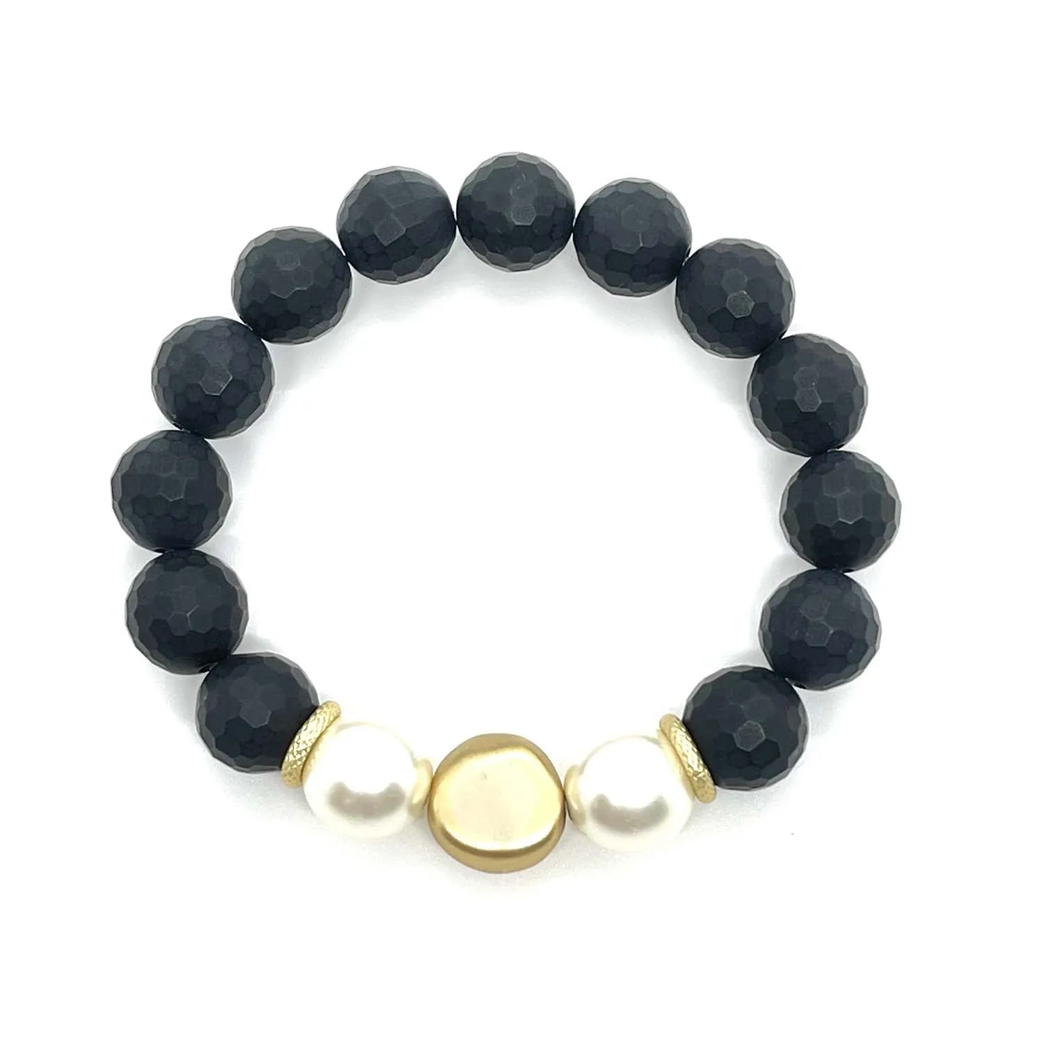 Onyx And Glass Pearl Stretch Bracelet