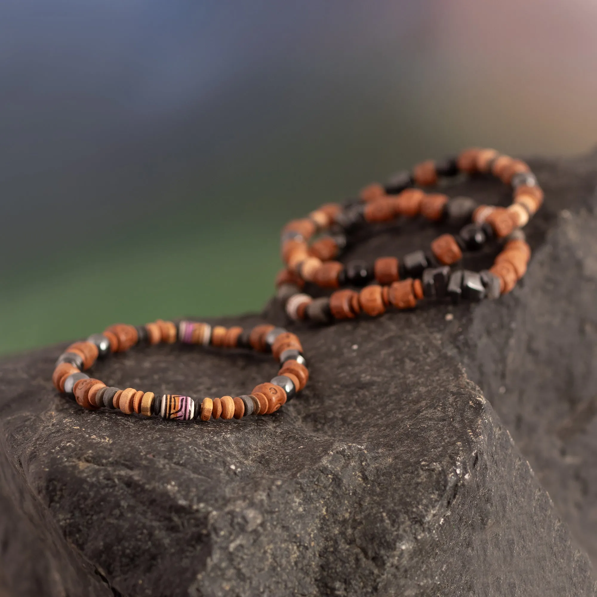 Onyx and Hematite Ceramic Beaded Stretch Bracelet from Peru - Andean Spirit | NOVICA