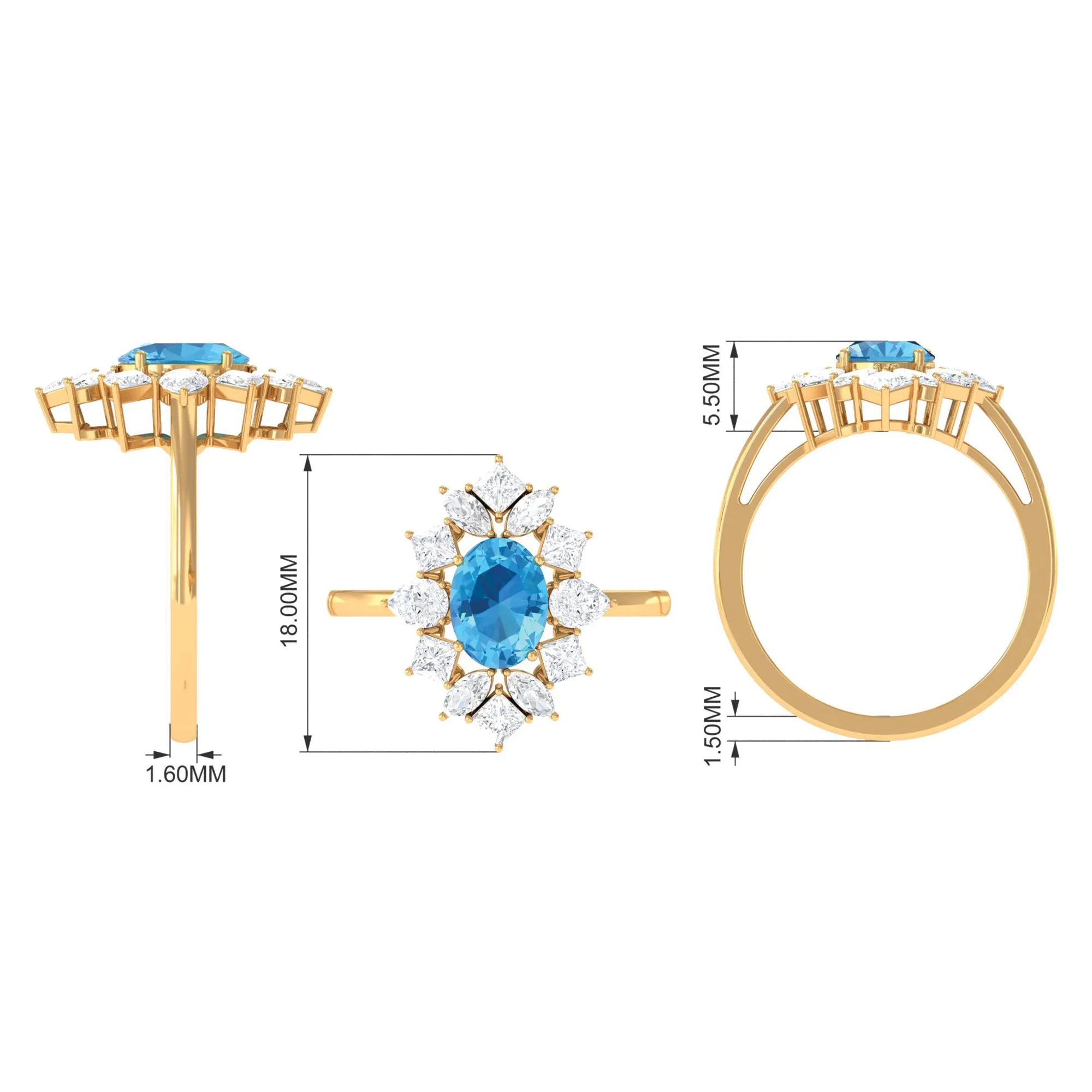 Oval Cut Swiss Blue Topaz Cocktail Ring with Moissanite Stones