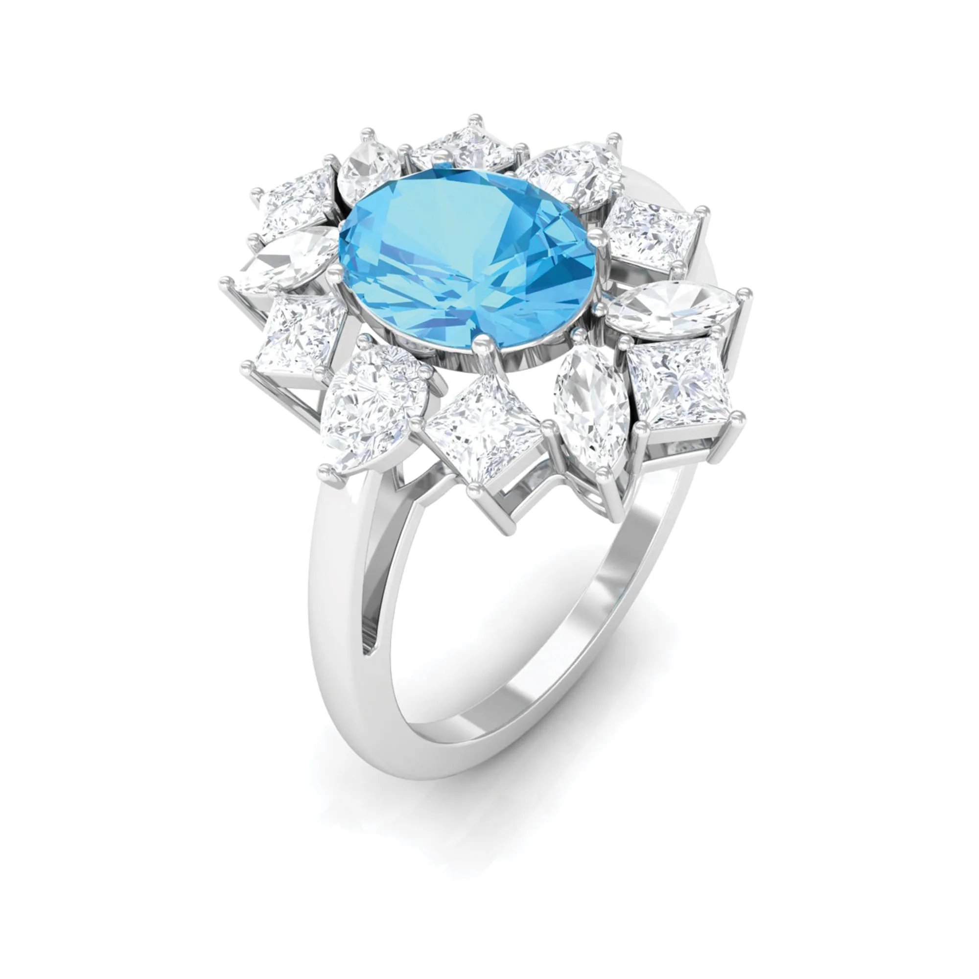 Oval Cut Swiss Blue Topaz Cocktail Ring with Moissanite Stones