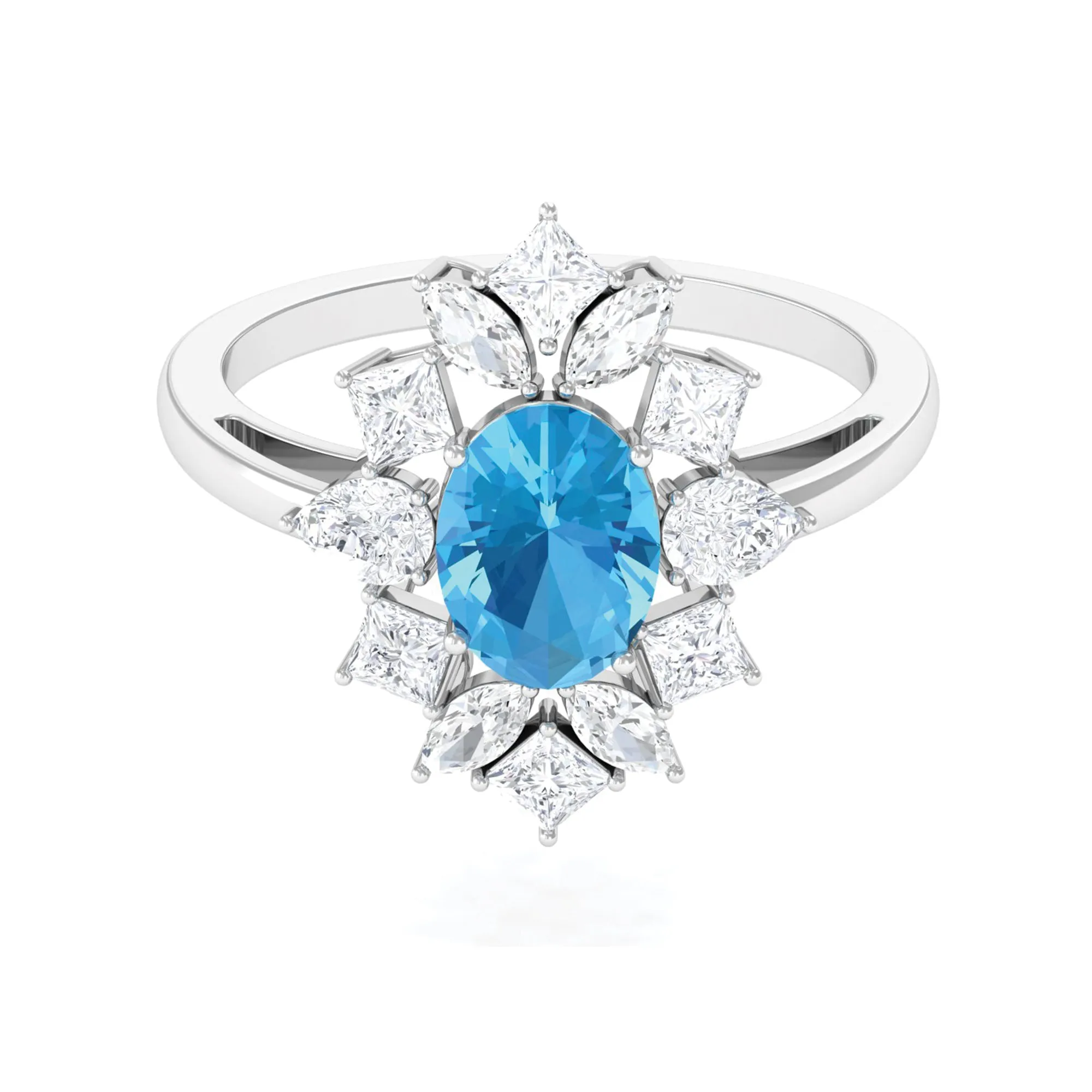 Oval Cut Swiss Blue Topaz Cocktail Ring with Moissanite Stones