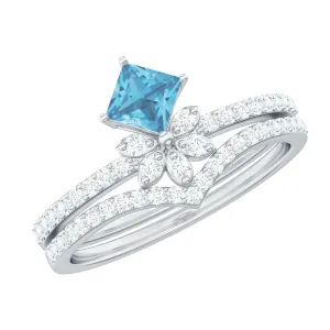 Princess Cut Swiss Blue Topaz and Diamond Flower Ring Set