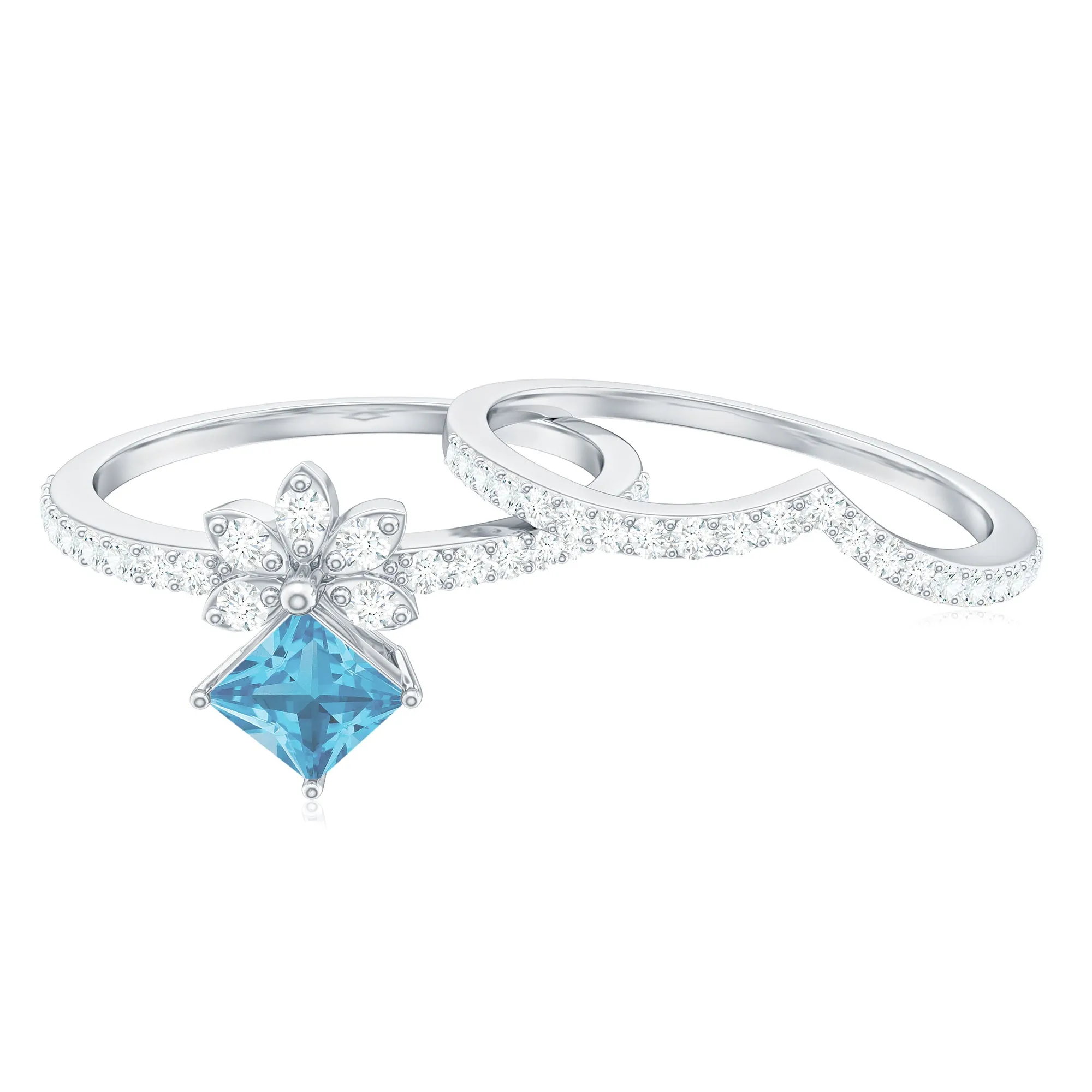 Princess Cut Swiss Blue Topaz and Diamond Flower Ring Set