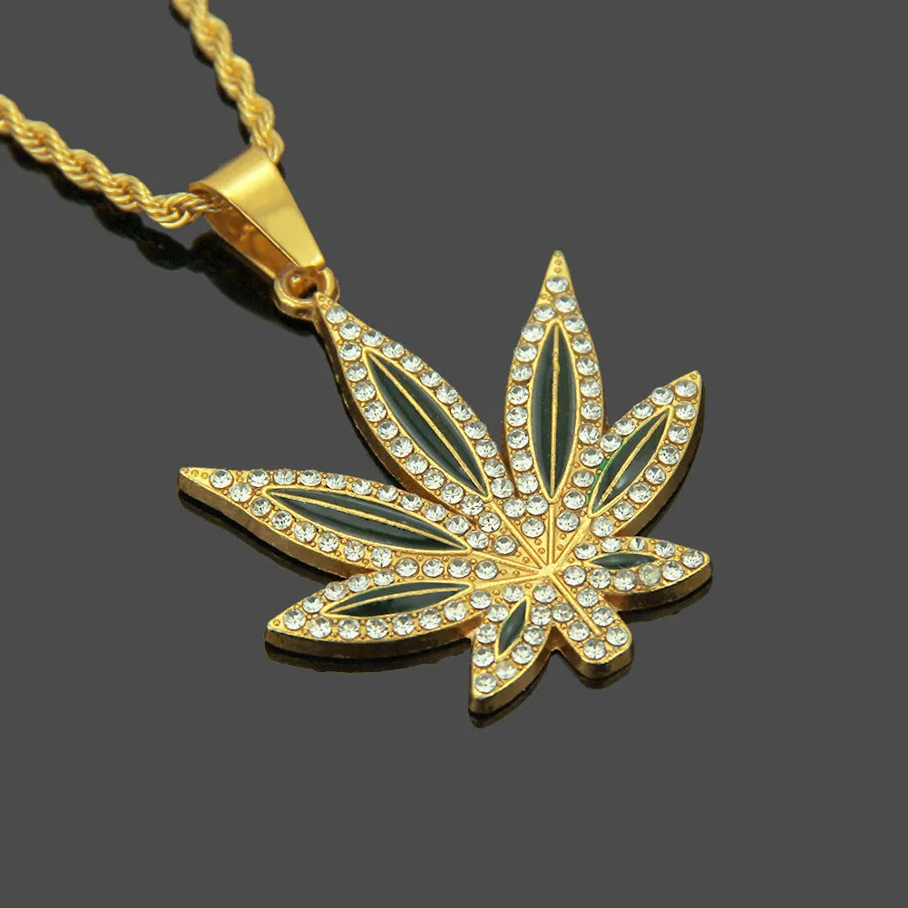 Punk Hip Hop Painting Oil Diamond-embedded Maple Leaves Pendant Neck Accessories Men