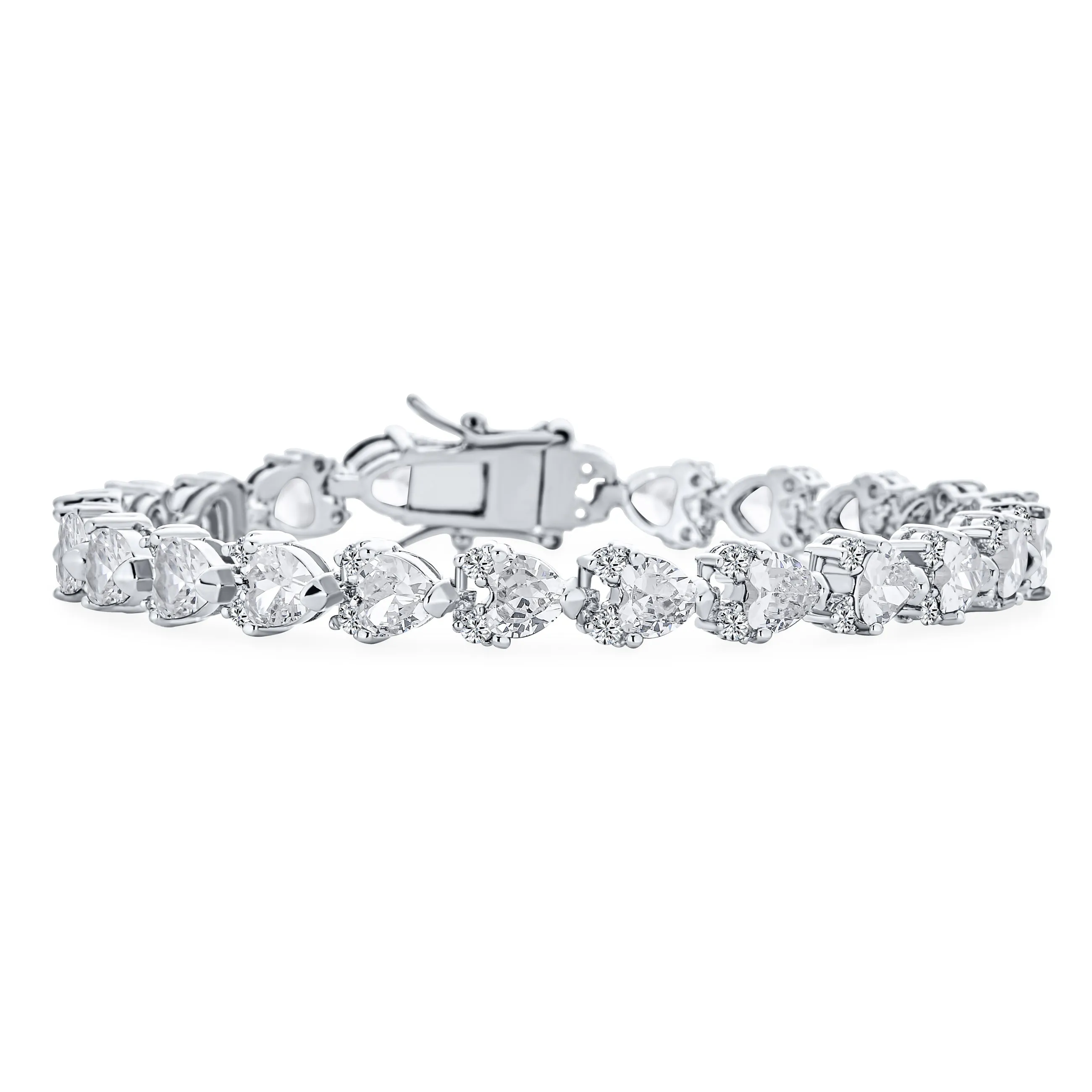 Romantic Bridal CZ Hearts Shape Tennis Bracelet Silver Plated Rhodium 77.5 Inch