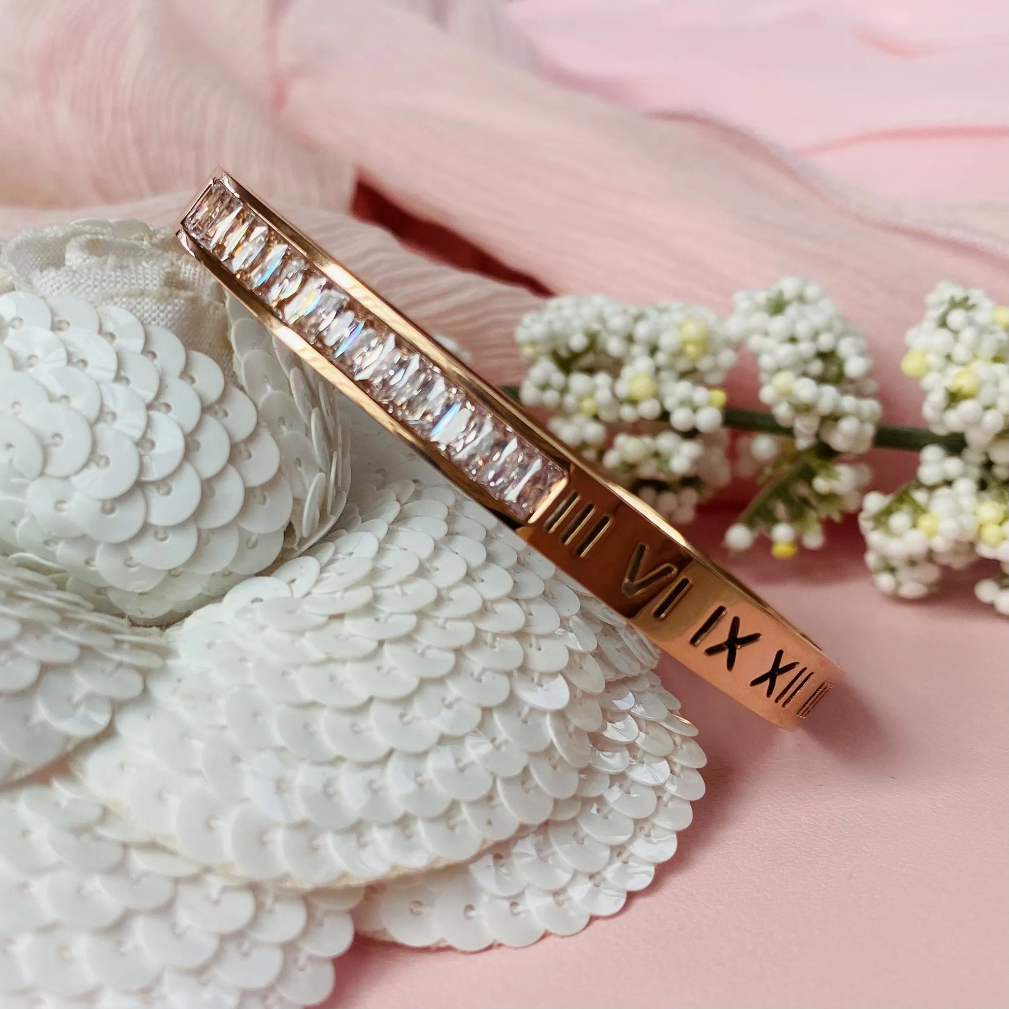 Rose Gold Plated Stainless Steel and Crystal Bangle