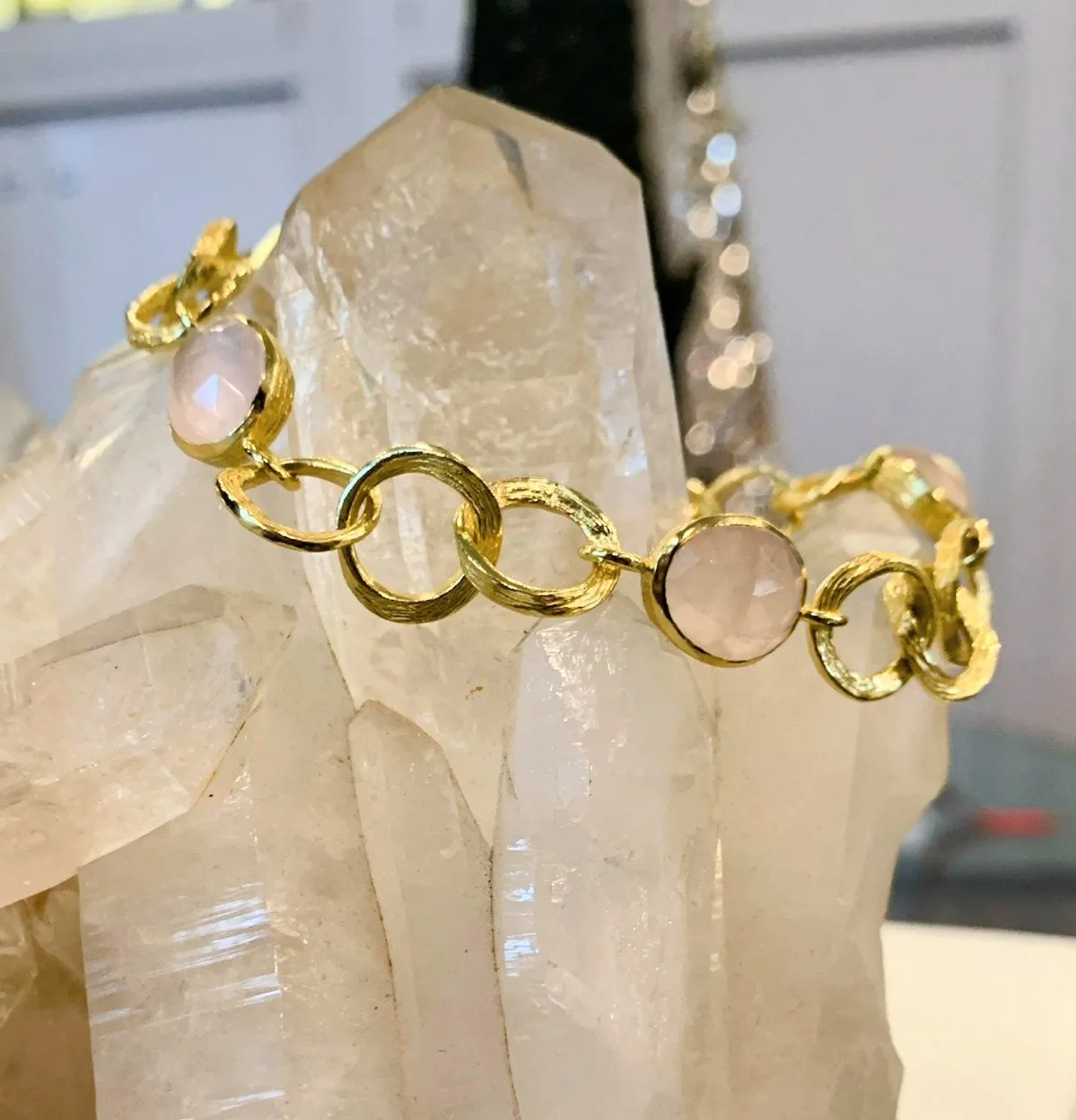 Rose Quartz and Gold Plated Link Bracelet