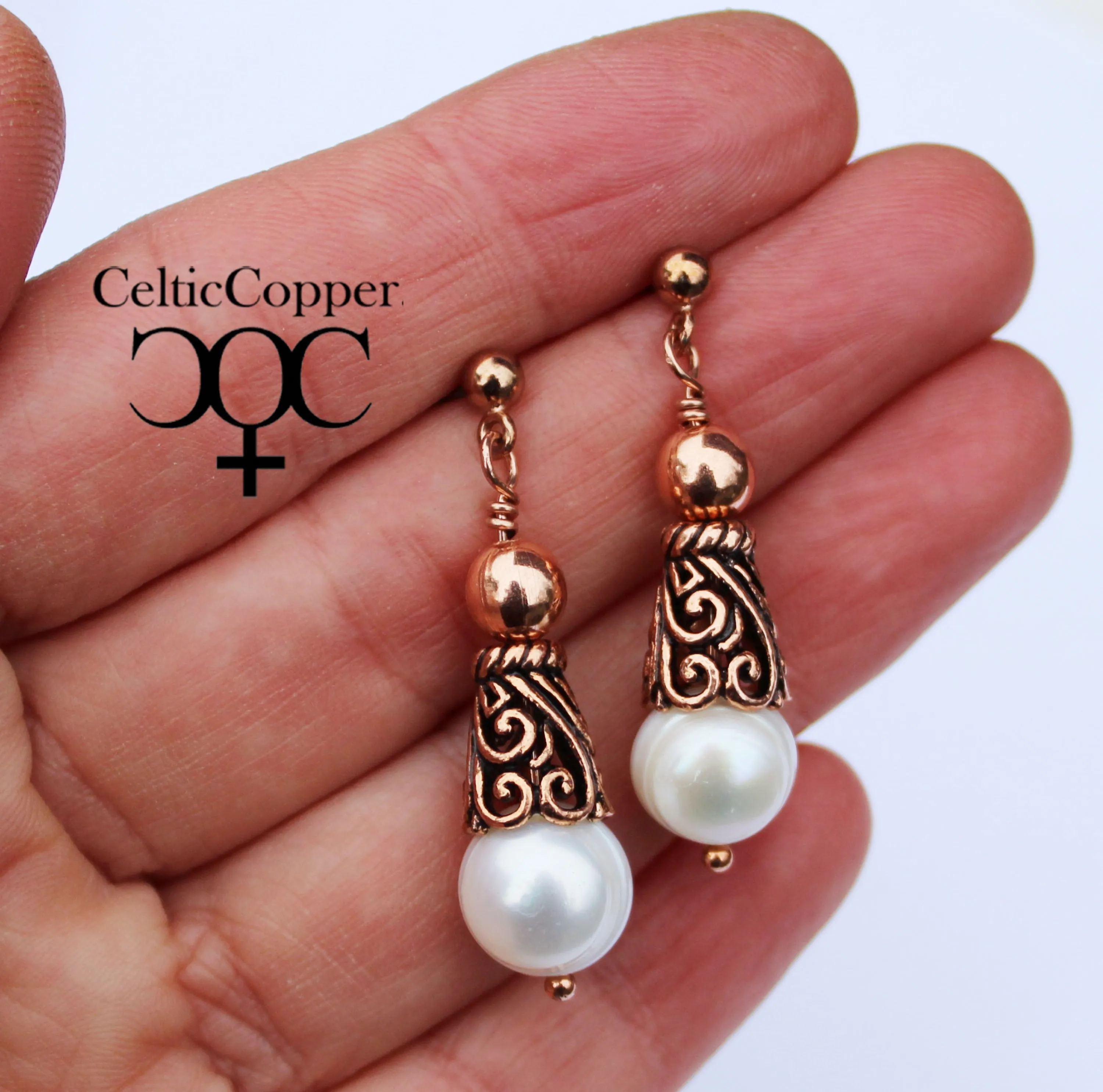 Scrolled Copper And Freshwater Pearl Earrings Large 10mm Creamy White Cultured Pearl Drop Earrings