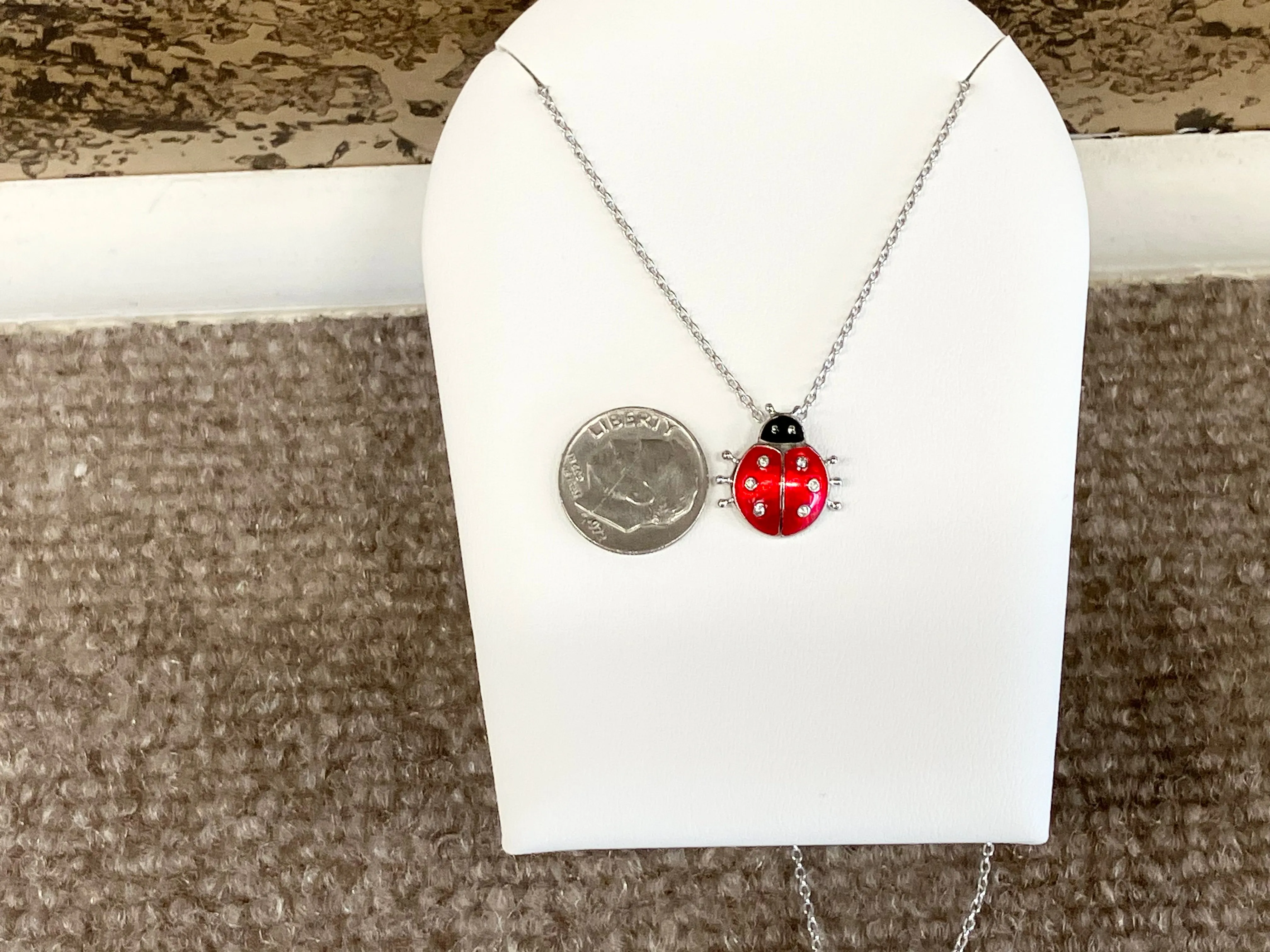 Silver Lady Bug With White Sapphire Adjustable Necklace