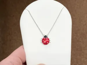 Silver Lady Bug With White Sapphire Adjustable Necklace