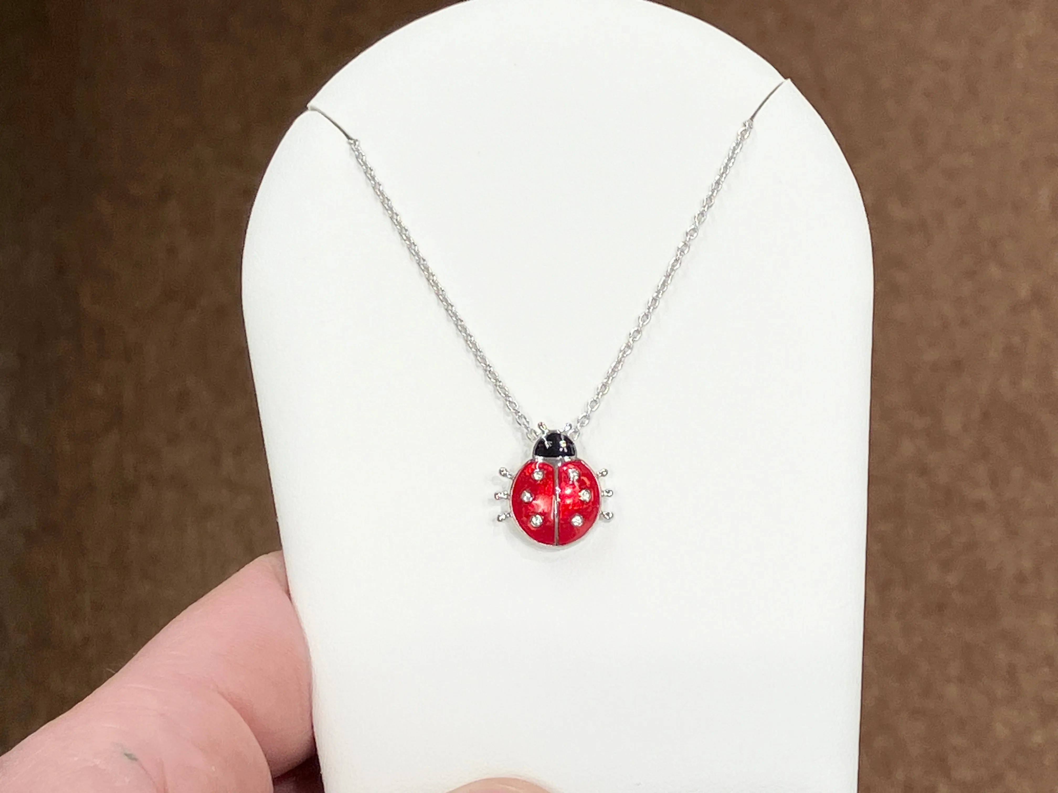 Silver Lady Bug With White Sapphire Adjustable Necklace