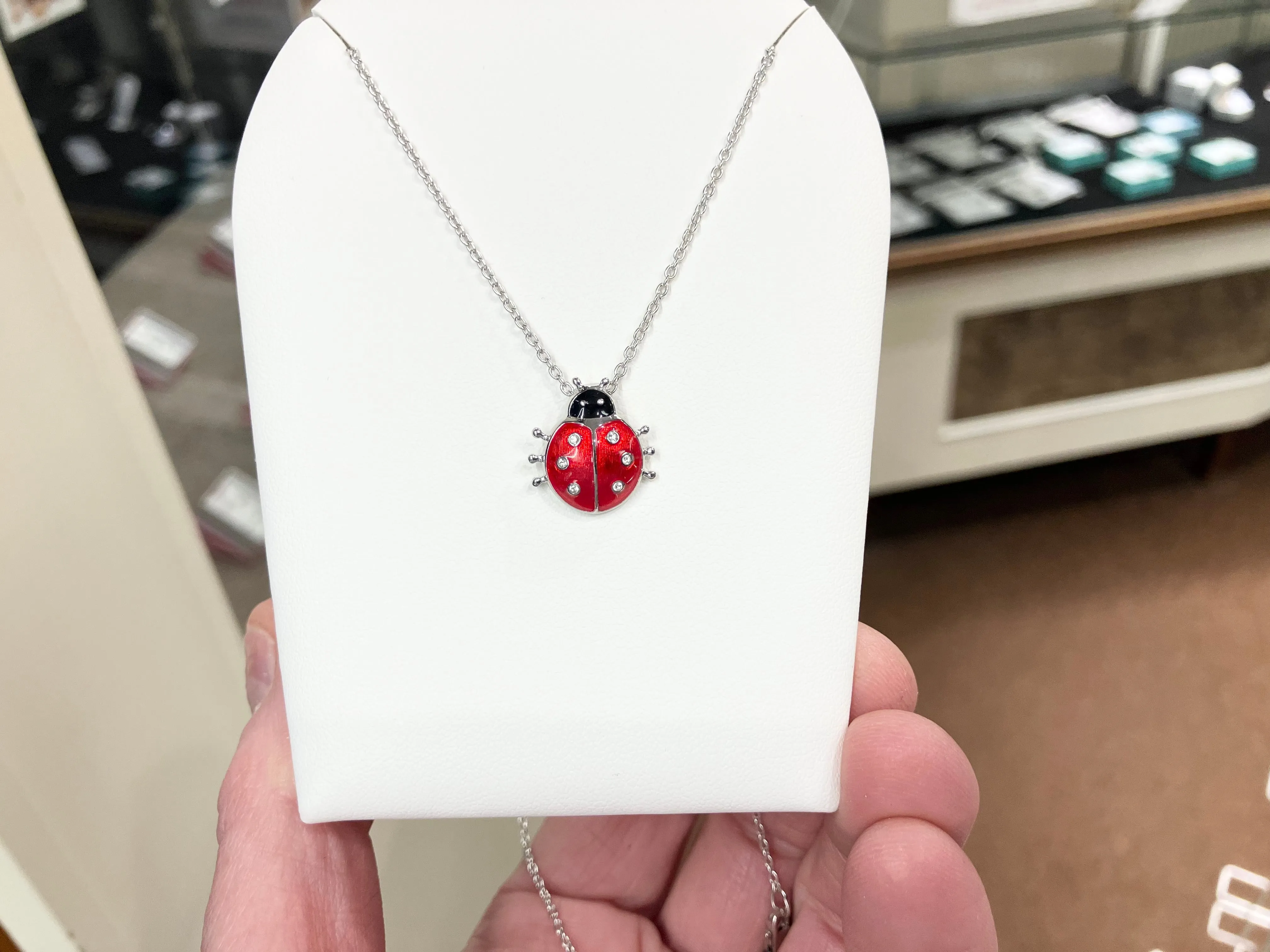 Silver Lady Bug With White Sapphire Adjustable Necklace