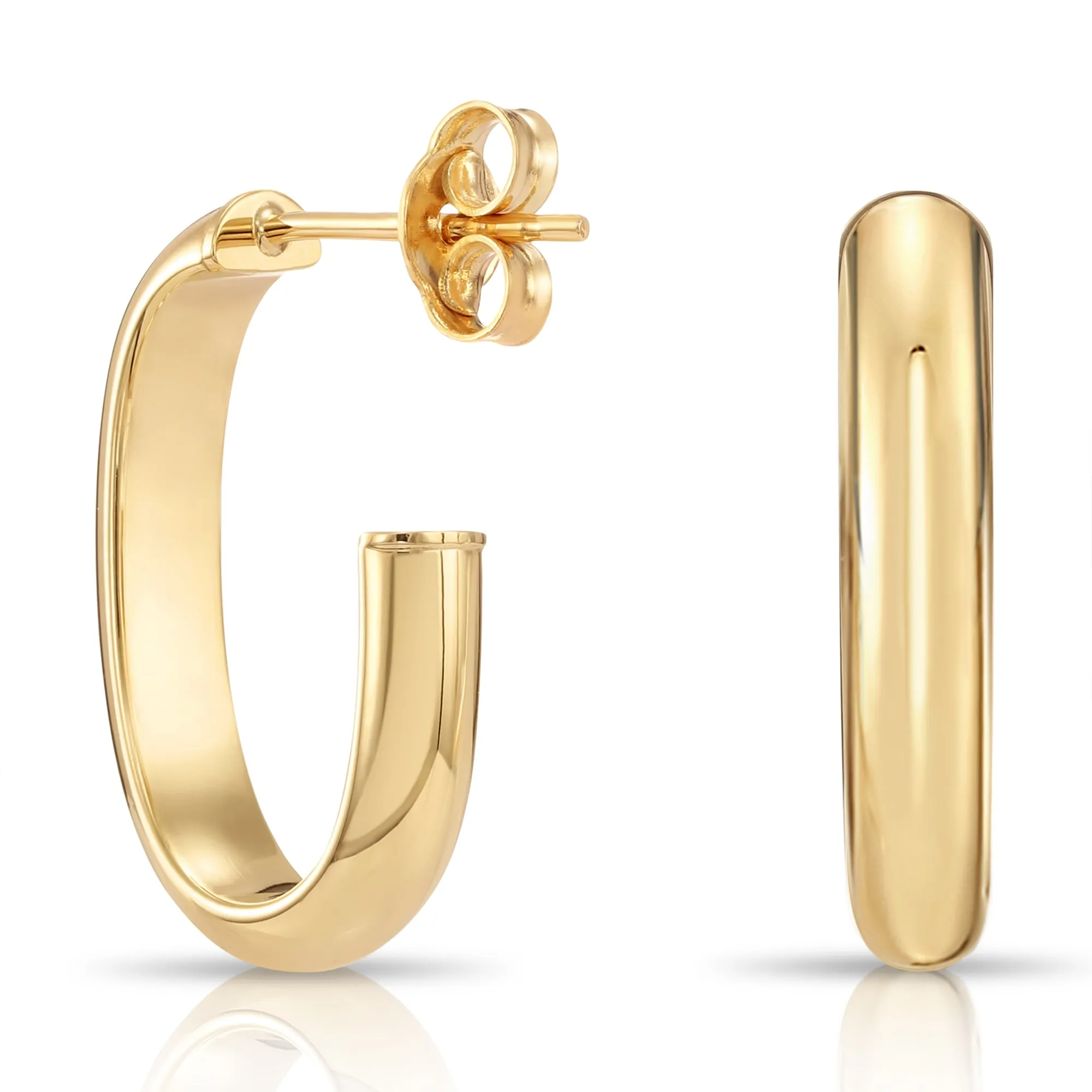 Solid 10K Yellow Gold Oval Hoop Earrings, Italian Style Design With Secure Pushbacks