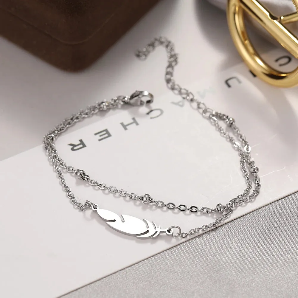 Stainless Steel Bracelets Multilayer Bead Chain Feather Pendant Fashion Aesthetic Charm Bracelet For Women Jewelry Summer Gifts