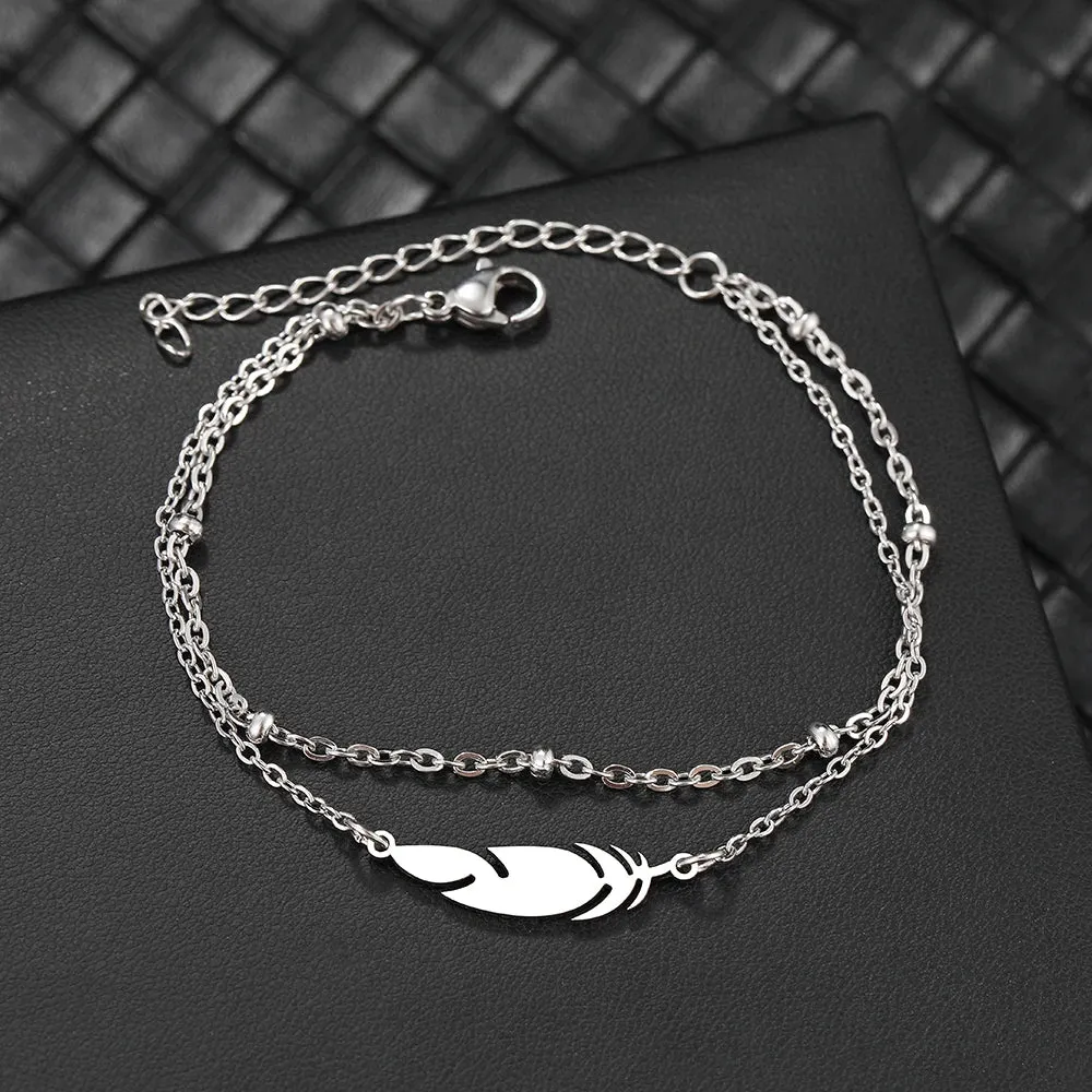 Stainless Steel Bracelets Multilayer Bead Chain Feather Pendant Fashion Aesthetic Charm Bracelet For Women Jewelry Summer Gifts