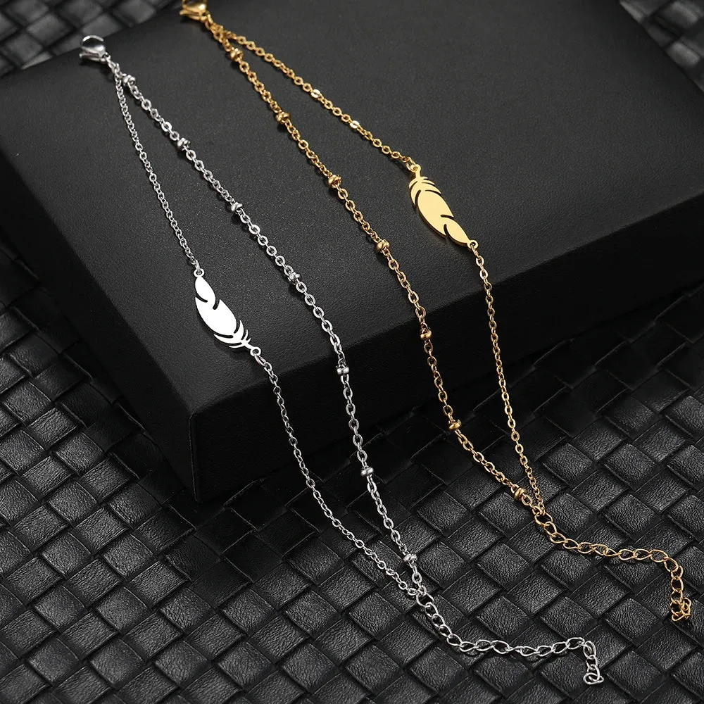 Stainless Steel Bracelets Multilayer Bead Chain Feather Pendant Fashion Aesthetic Charm Bracelet For Women Jewelry Summer Gifts