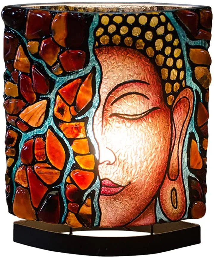 Starborn Creations Sumatra Amber Buddha Meditation Face Table Lamp with LED Bulb on Dimmer Plug