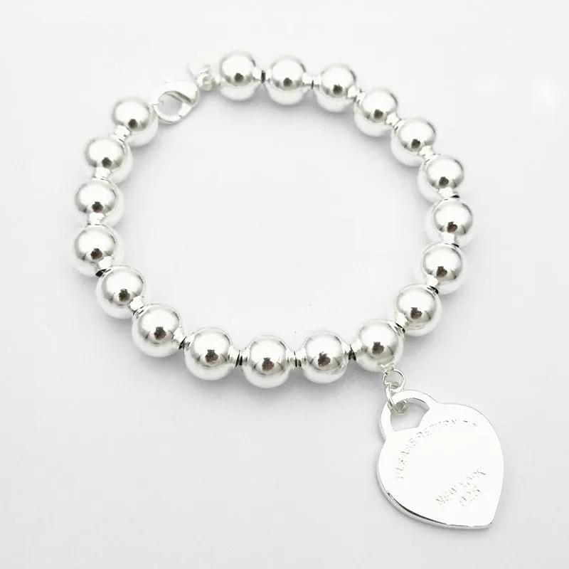 Sterling Silver Beaded Bracelet, Classic Fashion 8MM  Enamel Heart Pendant Bracelet