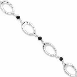 Sterling Silver Polished Ovals with Onyx Beads Bracelet