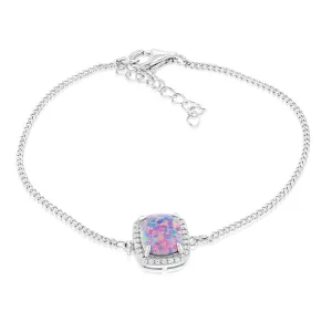 Sterling Silver Rhodium Plated Rectangle Created Purple Opal And White Zirconia 15.5 3cm Bracelet