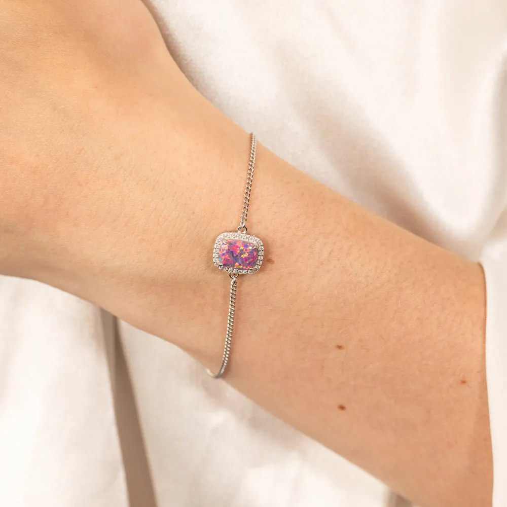 Sterling Silver Rhodium Plated Rectangle Created Purple Opal And White Zirconia 15.5 3cm Bracelet