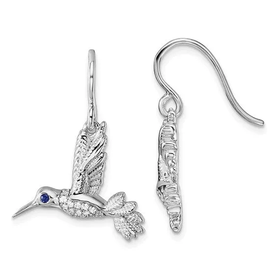 Sterling Silver White Ice Diamond and Blue Sapphire Hummingbird Earrings