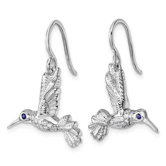 Sterling Silver White Ice Diamond and Blue Sapphire Hummingbird Earrings