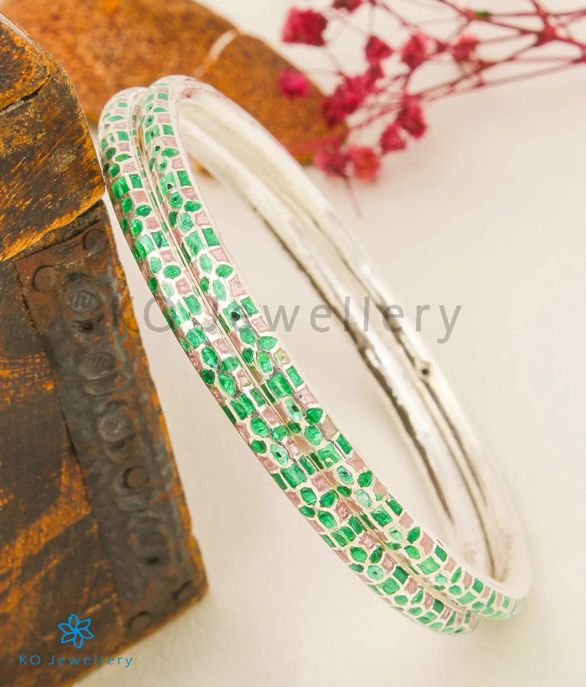 The Basant Silver Meenakari Bangles (Pink/Green/Size 2.6)