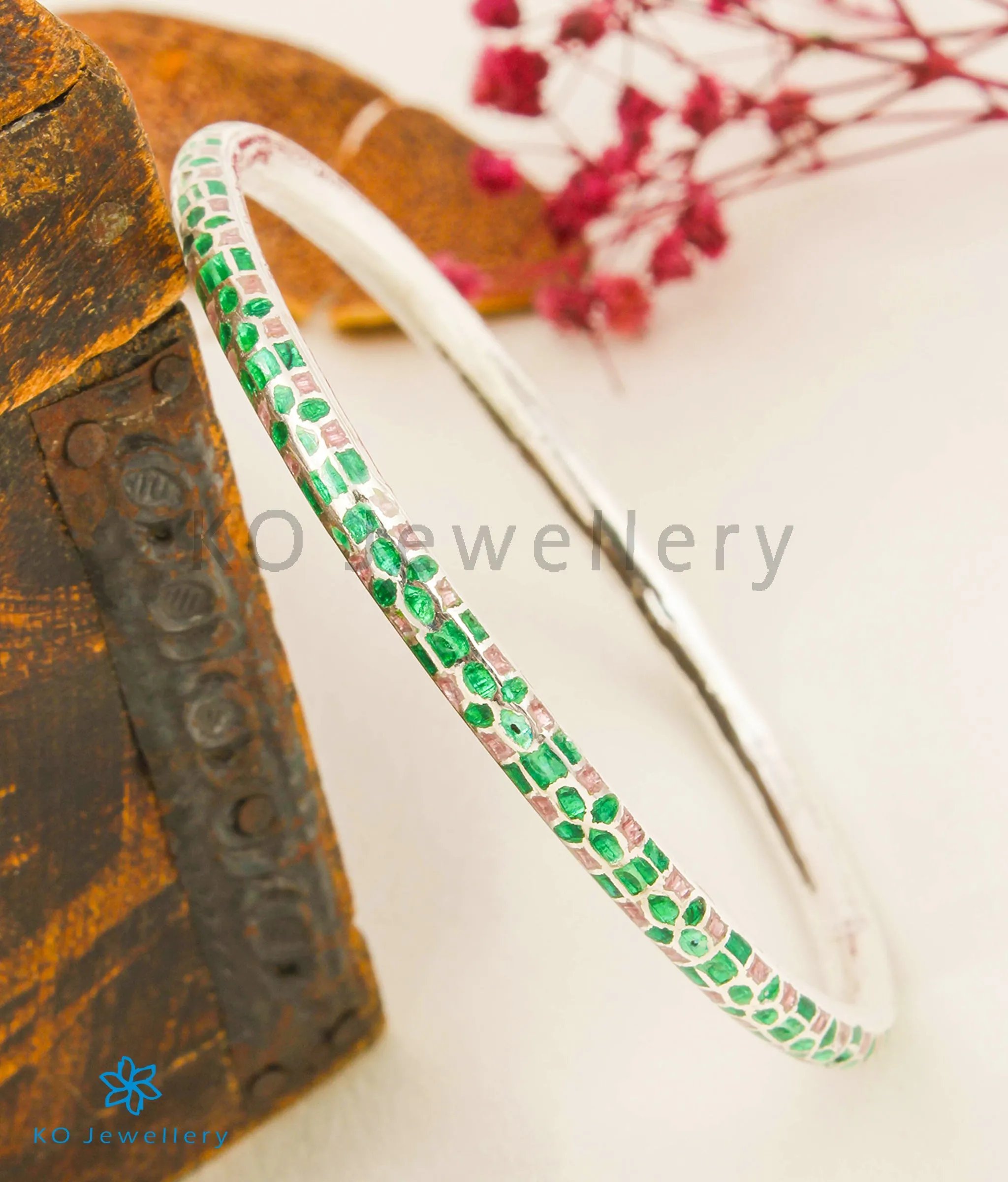 The Basant Silver Meenakari Bangles (Pink/Green/Size 2.6)