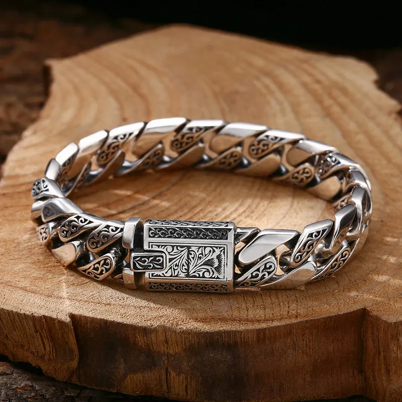 Thick Men's Cuban Bracelet in 925 Sterling Silver with Tangcao Pattern