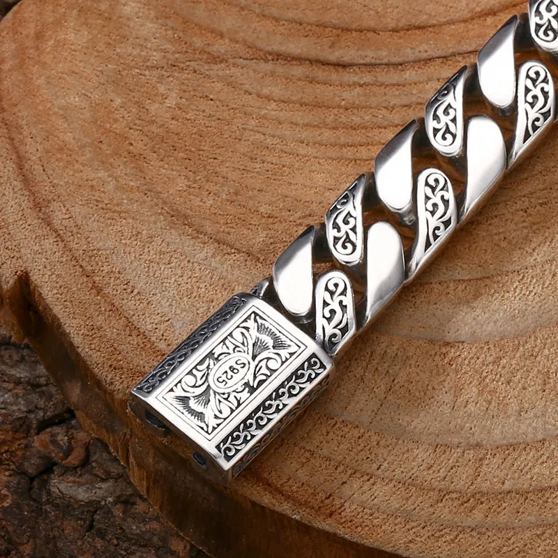 Thick Men's Cuban Bracelet in 925 Sterling Silver with Tangcao Pattern