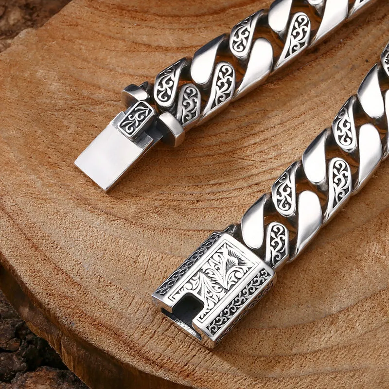 Thick Men's Cuban Bracelet in 925 Sterling Silver with Tangcao Pattern