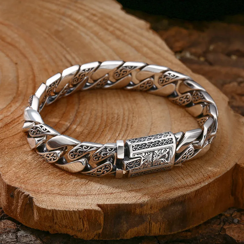 Thick Men's Cuban Bracelet in 925 Sterling Silver with Tangcao Pattern