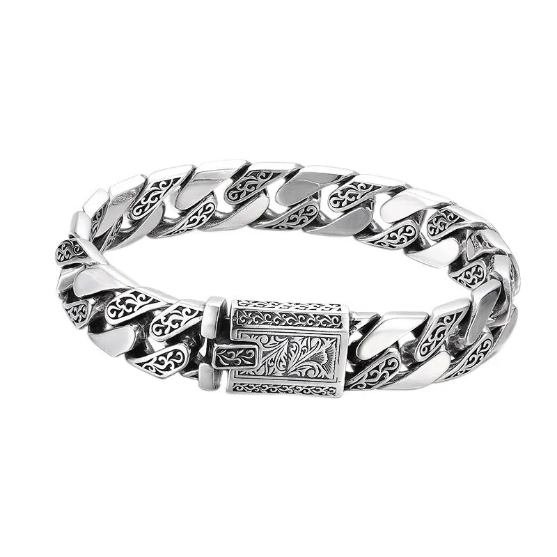 Thick Men's Cuban Bracelet in 925 Sterling Silver with Tangcao Pattern