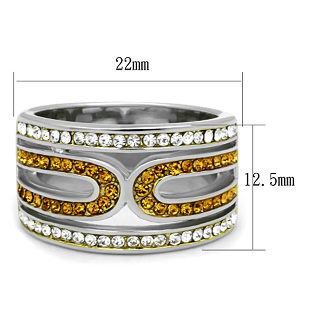 Two-Tone IP Gold (Ion Plating) Stainless Steel Ring with Top Grade Crystal in Topaz for Women Style TK1555