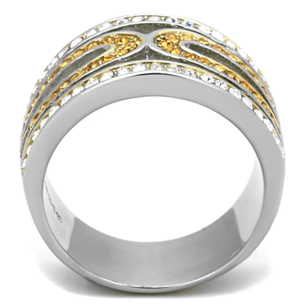 Two-Tone IP Gold (Ion Plating) Stainless Steel Ring with Top Grade Crystal in Topaz for Women Style TK1555