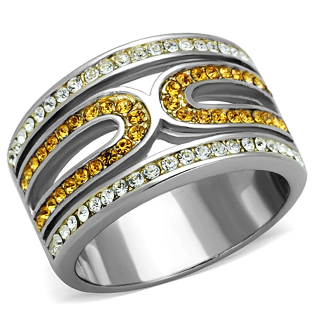 Two-Tone IP Gold (Ion Plating) Stainless Steel Ring with Top Grade Crystal in Topaz for Women Style TK1555