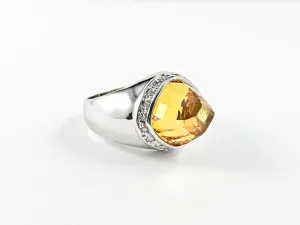 Unique Diamond Cut Yellow Topaz Color Center CZ Brass Ring