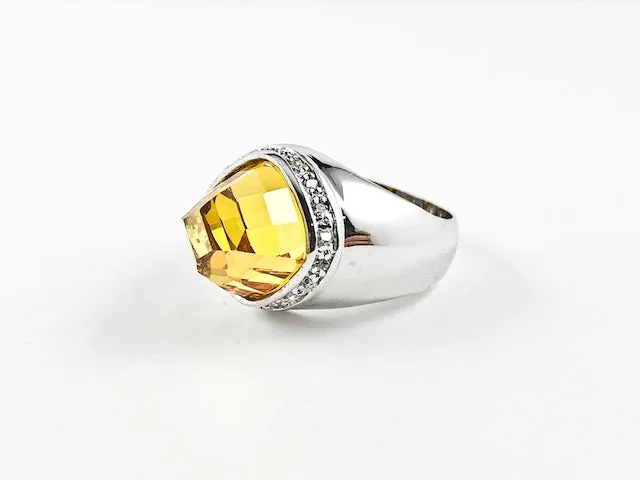 Unique Diamond Cut Yellow Topaz Color Center CZ Brass Ring