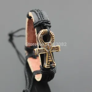 Vintage Style Handmade Leather Ankh Bracelet